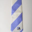 Cravate soie personnalisée, membres club de rugby, rayures club ciel et blanc + logo clu