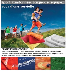 une serviette éponge personnalisée (publicitaire),  un cadeau d'été! pour le sport la rando , la baignade...